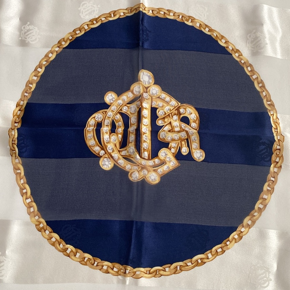 Christian Dior 100% silk scarf. Deep rich, navy blue gold cream color 34 x34 - Picture 12 of 15